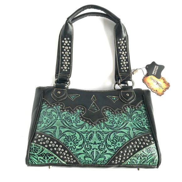 TRINITY RANCH Teal Tooled Genuine Leather Bag - Picture 1 of 15